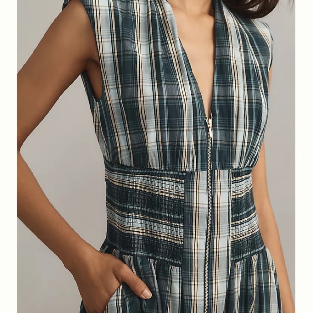 New: Anthropologie Tommie Zip-Front Midi Dress. Plaid. Pockets. Size XS - Picture 5 of 16